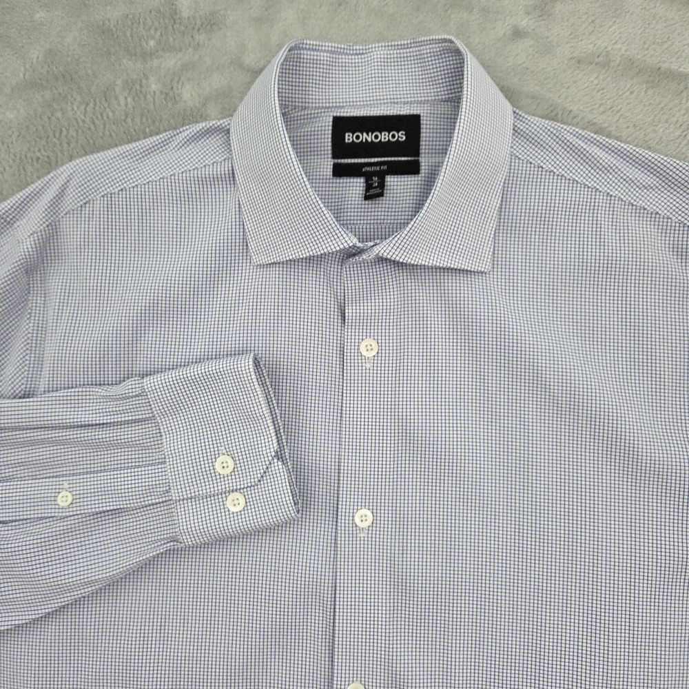 Bonobos Stretch Dress Shirt Mens 16 36 Athletic Fit White Blue Check BSH00550A
